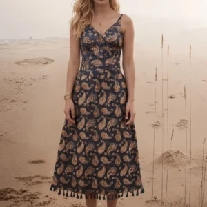 2-Teiliges Damen-Set Mit Paisley-Print, Bauchfreies Cami-Top, Hohe Taille, A-Linie, Maxirock, Spitzenbesatz, Quastensaum, Böhmisches Strand-Outfit