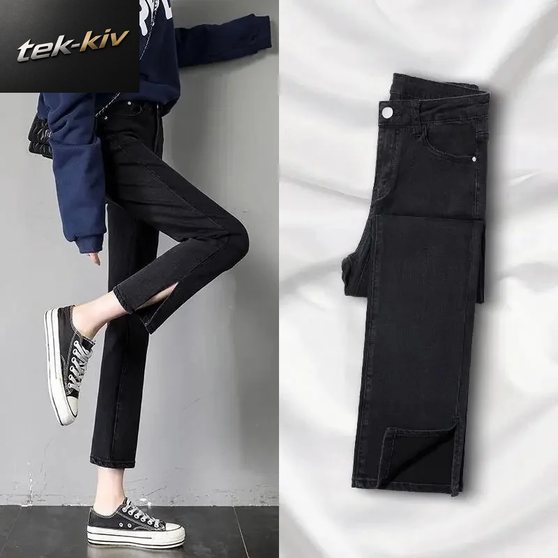 High-Waist-Jeans Mit Schlitz Und Geradem Bein Für Damen – Frühling/Sommer, Locker Sitzend, Bestseller Der Saison, Neuer Stil, Herbst/Winter, Weites Bein, Smoke-Optik