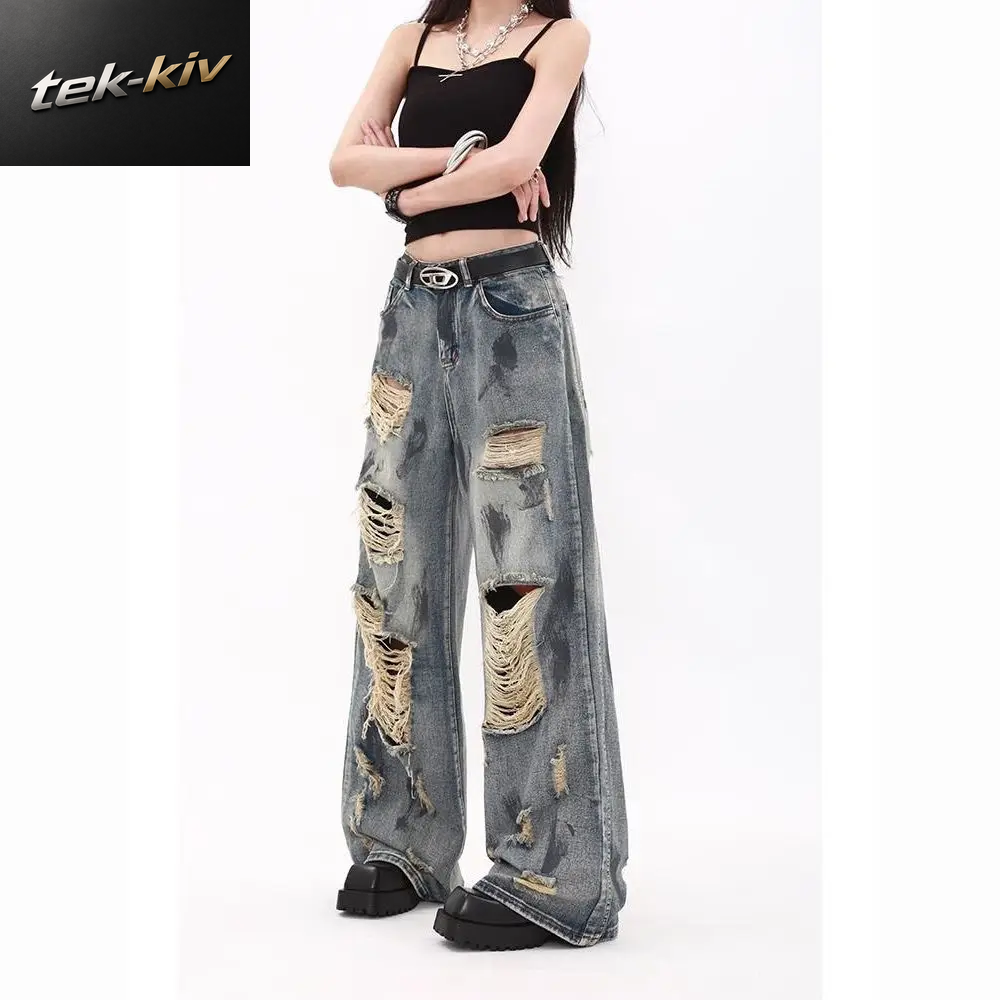 Übergroße Blaue Zerrissene Old-Hot-Girl Y2K Amerikanische Retro High-Waist Mode Hip-Hop Gerade Geschnittene Weite Jeans Für Männer Und Frauen