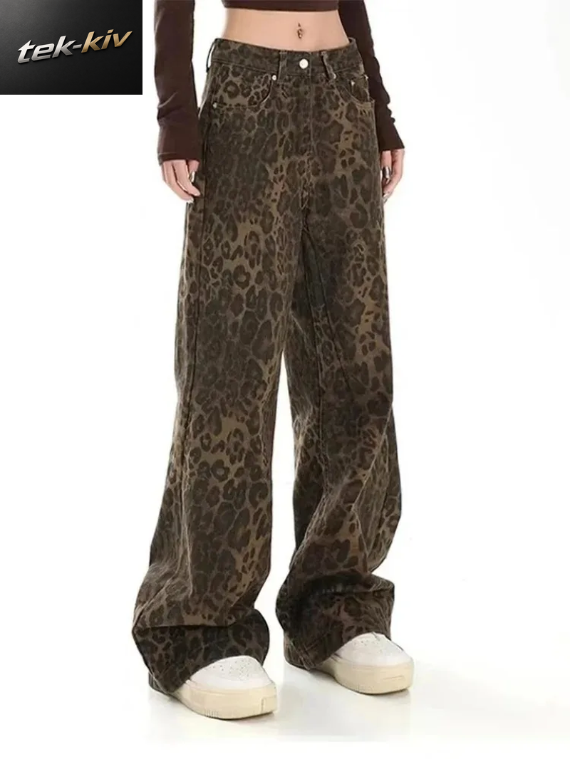 Amerikanische Vintage-Jeans Mit Leopardenmuster, Weiblich, Herbst Und Winter, Neues Design, Sinn Für Kleine Gerade Röhrenoveralls, Freizeithosen