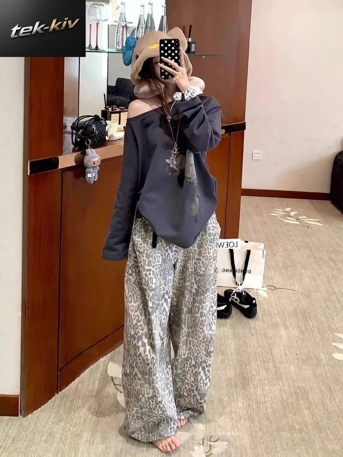 Y2K Jeans Frauen Jeans Koreanischen Stil Lose Fit Leopard Print Breite Bein Hosen Hohe Taille Retro Mode Casual Hosen Neue Ankunft