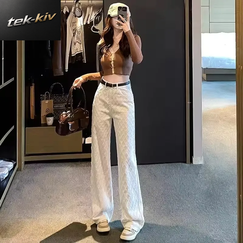 Weiße Jeans Mit Weitem Bein Für Damen, Frühlings-Freizeithose, 2025, Neue Stickerei, Hohe Taille, Lockere, Schlankmachende, Bodenlange, Gerade Hose