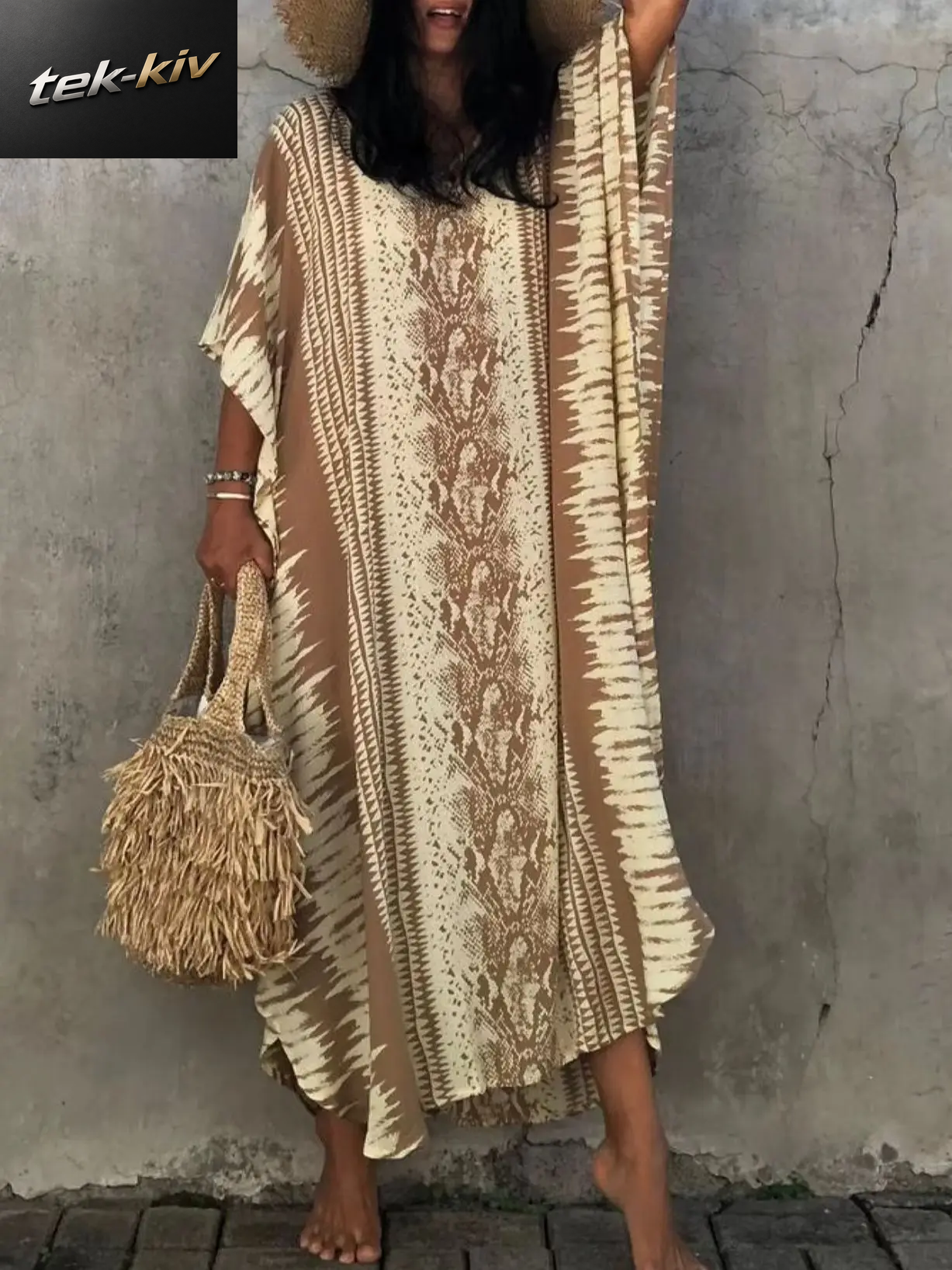 Damen Sommer Kaftan Robe V-Ausschnitt Ethnisch Bedruckt Seitlicher Vordersaum Schlitz Strandkleid Urlaub Lässig Locker Übergröße Bikini-Überzug