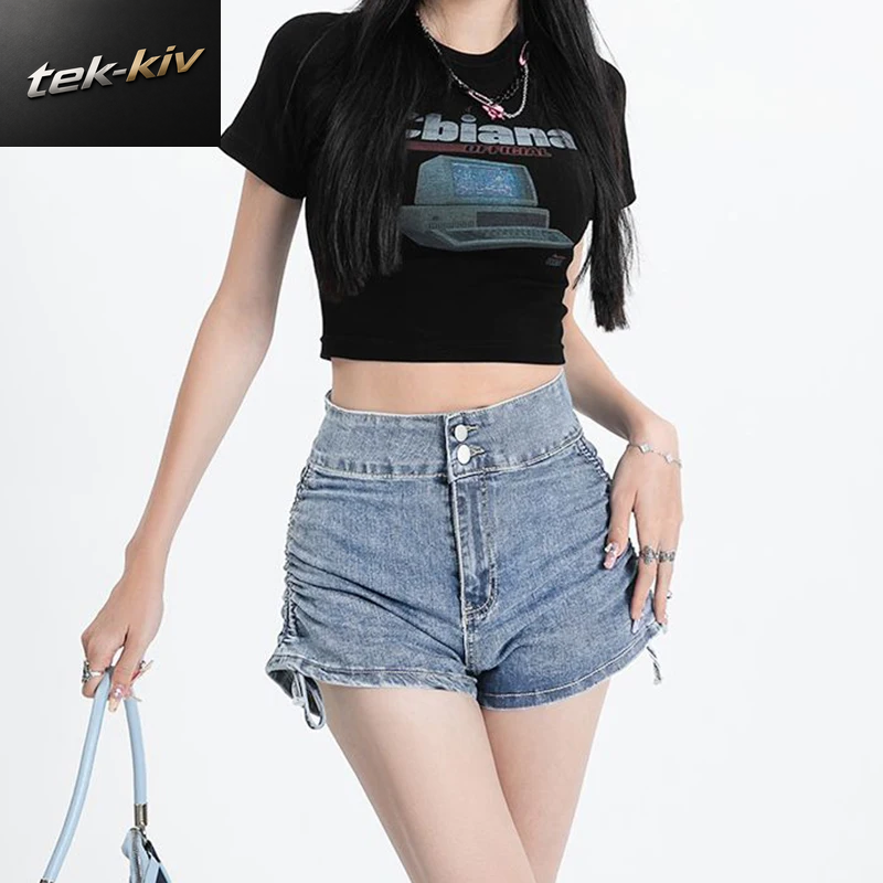Sommerliche, Schicke Jeans-Shorts Für Damen Im Koreanischen Stil Mit Doppelten Knöpfen, Hoher Taille Und A-Linien-Schnitt.