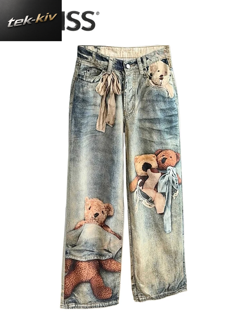Damen Baggy Jeans Print Grafik Denim Hosen Harajuku Cowboy Tie Dye High Street 2000Er High Street Tide Stilvolles Design Neu