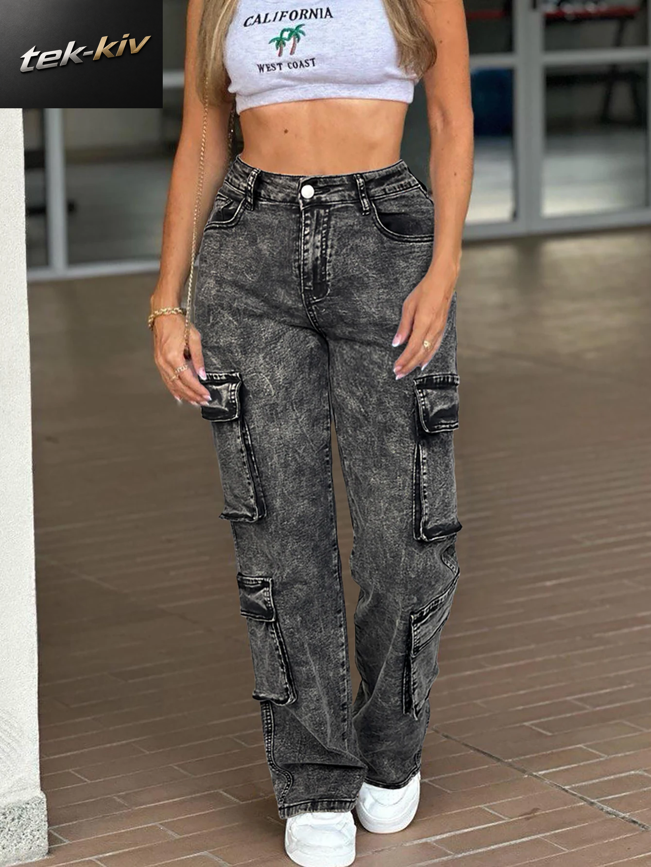 Vintage Y2K Washed Multi-Flap Pocket Cargo Jeans Mit Geradem Bein Damen Mid-Rise Vielseitige Streetwear Campu Sall Seasons Match