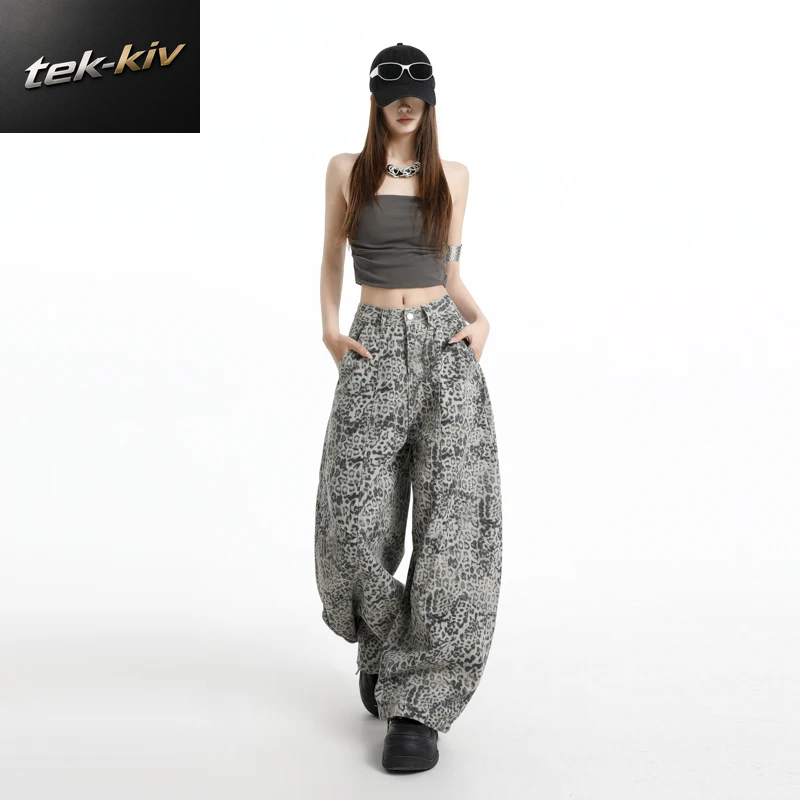 Amerikanische Leopardenmuster 3D-Gemusterte Weite Hose Lässige Bootcut-Jeans Damen Lockere Persönlichkeitsvolle Modische Hose