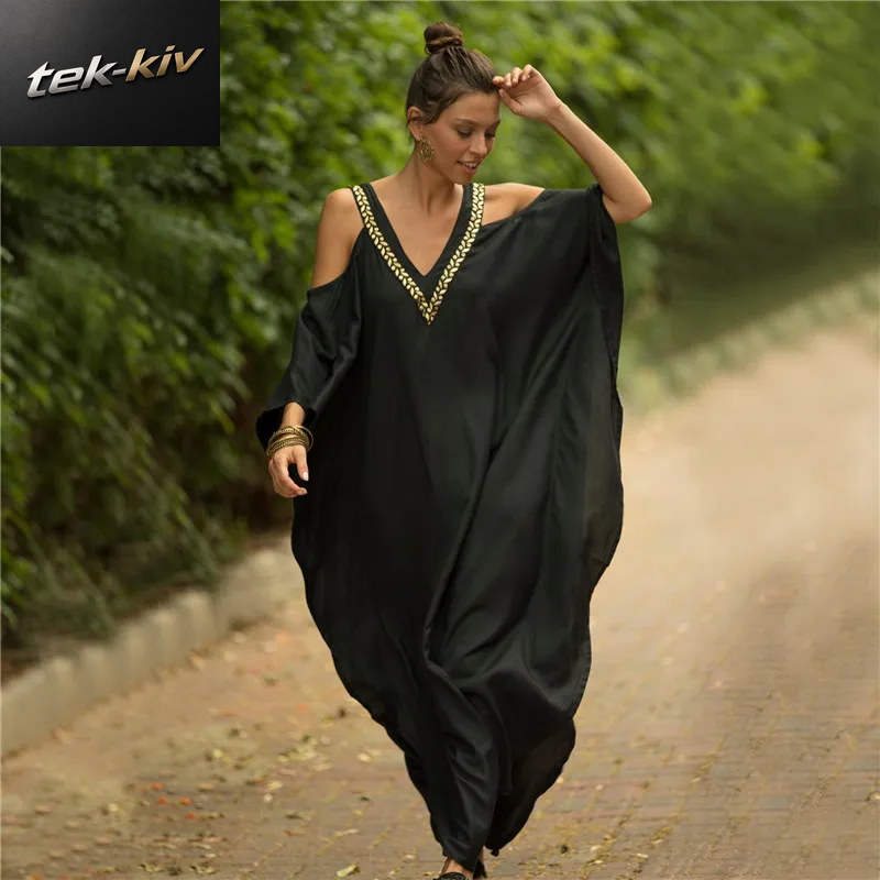 Kaftan-Kleider, Badeanzug, Überwurf, Maxikleid, Strandkleidung, Türkische Strandoutfits Mit Kalter Schulter, Sommerurlaub
