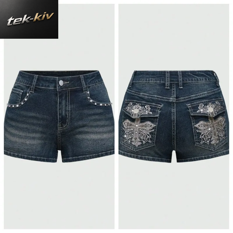 Sommerliche Koreanische Sexy Low-Waist Damen-Jeans-Shorts Im Amerikanischen Y2K-Stil, Elastische, Schmale Baumwoll-Jorts Für Damen Mit Stickerei Und Wickel-Design