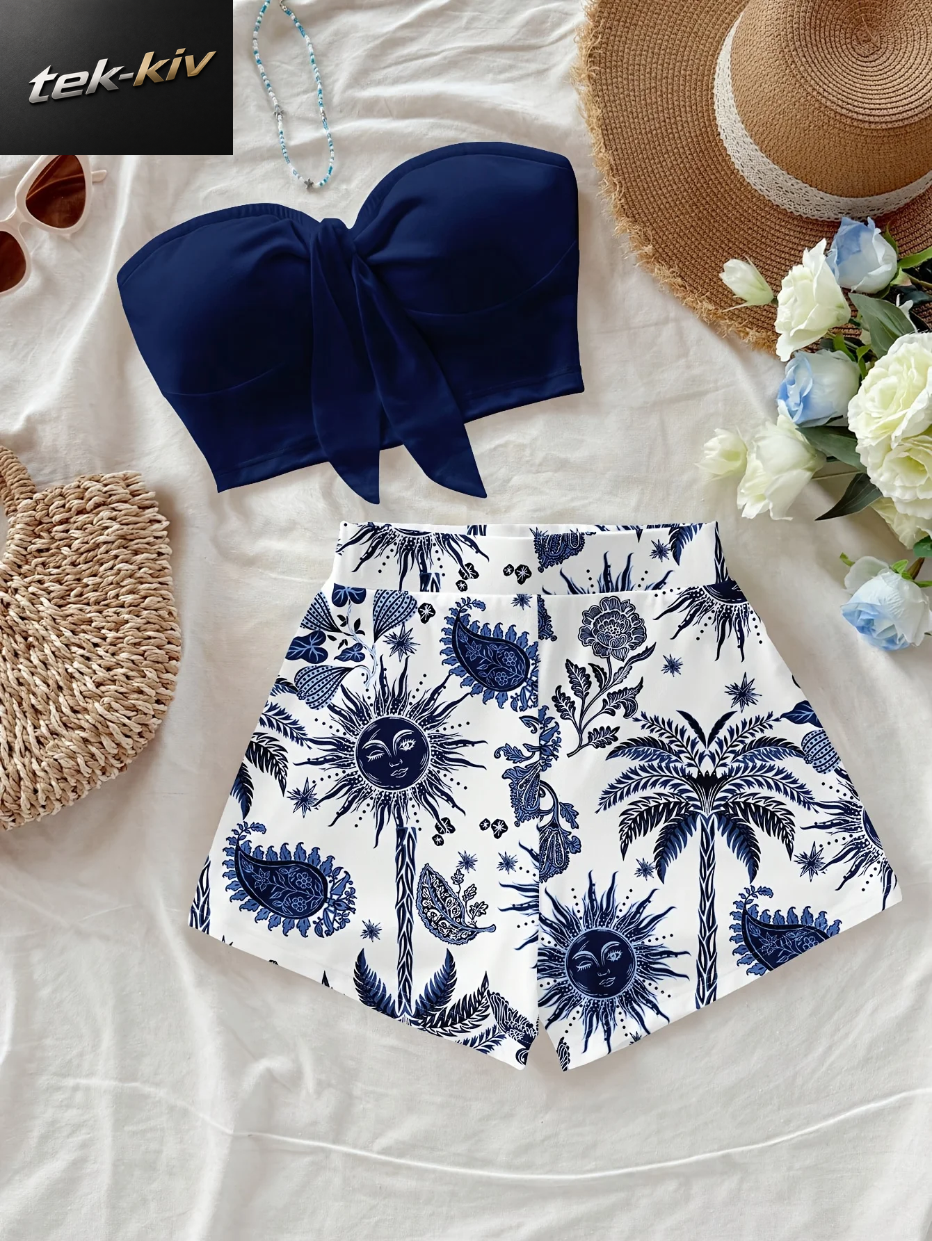 Damen-Sommer-Urlaubsset Mit Kokosnussbaum- Und Sonnengott-Cashew-Print, 2-Teilig, Geeignet Für Urlaub, Sommer Und Modischen Frühling.