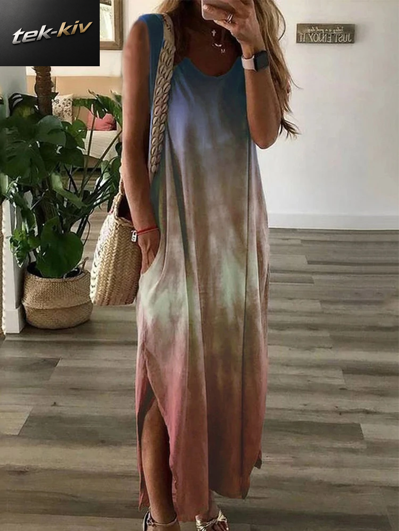 Ärmelloses Maxikleid Für Damen Mit Farbverlauf, Lässiges, Lockeres Kleid Mit V-Ausschnitt, Taschen Und Seitenschlitz, Sommer-Strandkleid