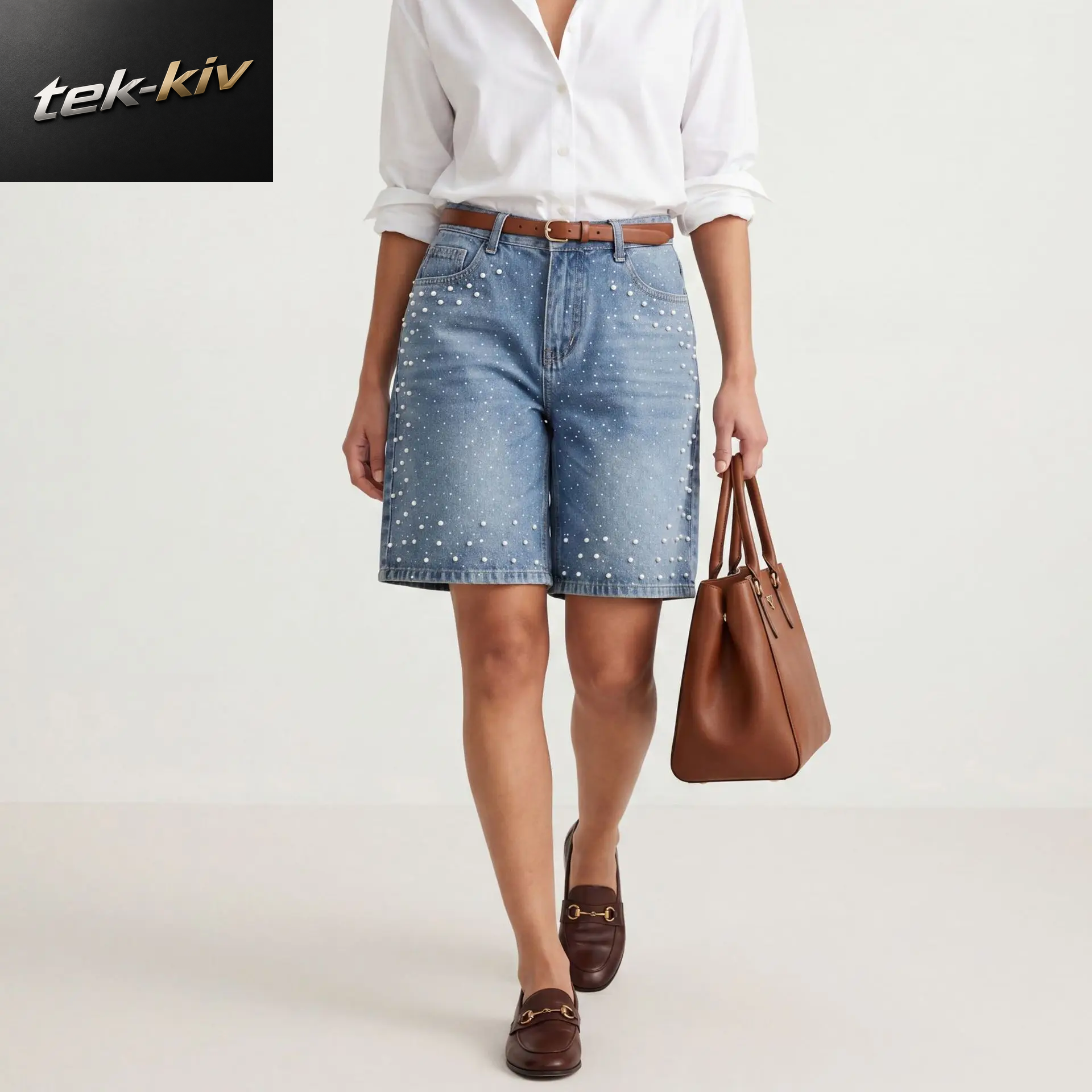 Retro Amerikanische Heavy-Duty Strass-Jeansshorts Für Damen, Sommerliche Weite Beine, Fünf-Taschen-Shorts, Hohe Taille, Baumwoll-Viskose-Mischung