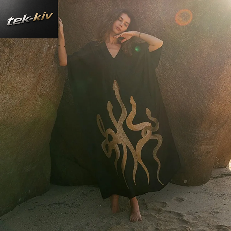 Schwarze Kimono-Bikini-Vertuschungen, Solide Fledermausärmel, Strandmode, Strand, Maxi, Damen, Lockere Strickjacke, Badeanzug-Abdeckungen
