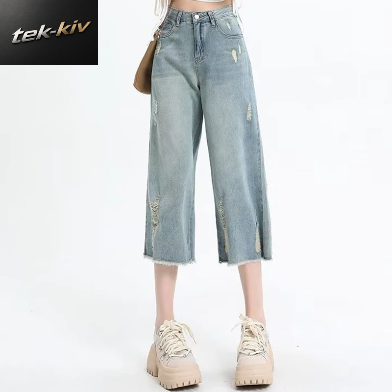 Weibliche Hohe Taille Denim Gerade Bein Hosen Jeans Mädchen Baggy Breite Bein Waden Länge Hosen Frauen Lose Hellblau Capri Hosen