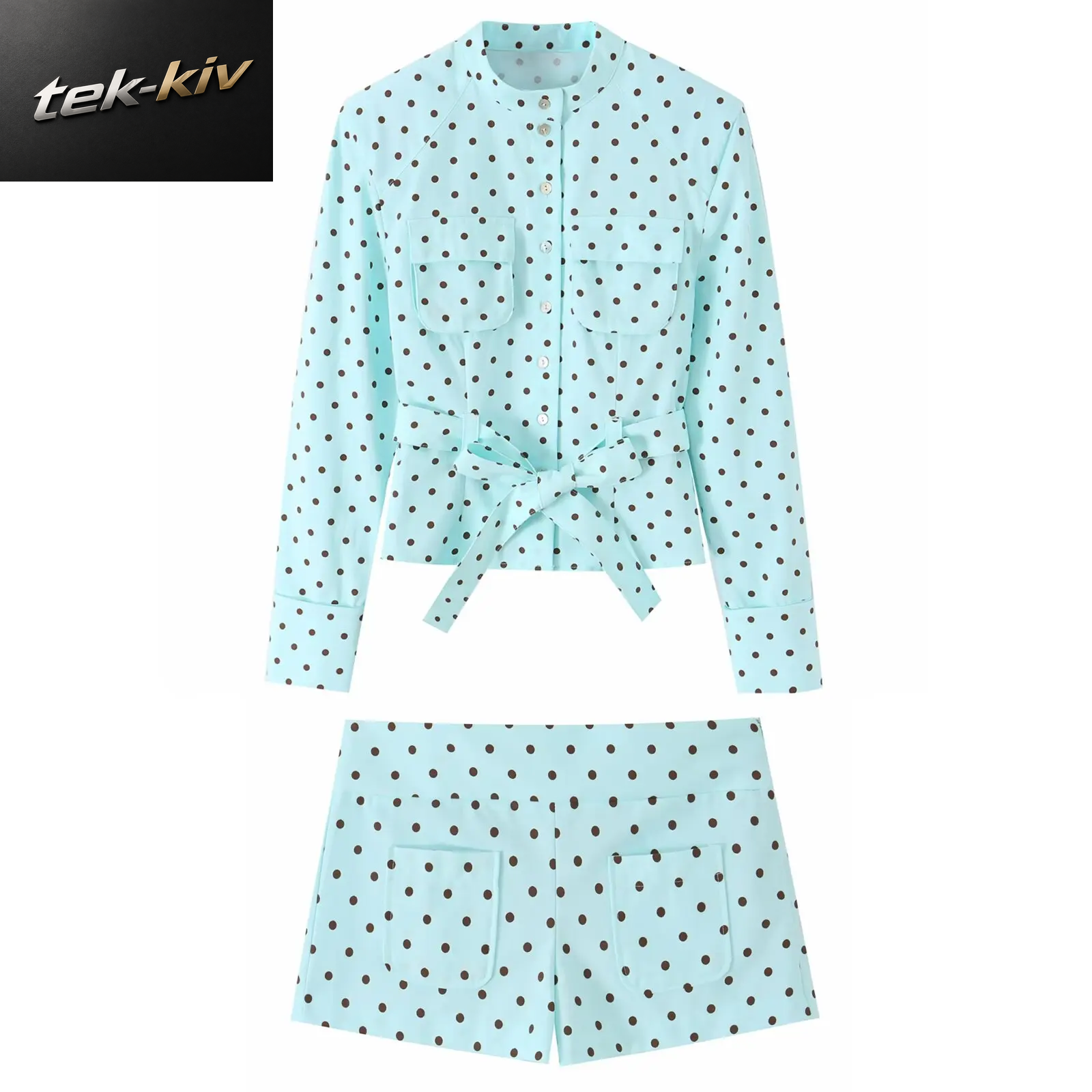 TFMLN 2026 Damen-Shorts 2-Teiliges Set Hochgeschlossene Langarm-Jacke Mit Gürtel Mini-Shorts Elegantes Polka-Dot Sommer-Outfit