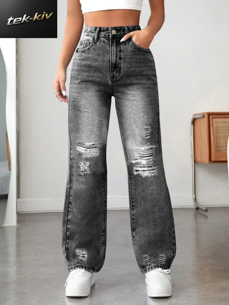 Damenhose Mit Weitem Bein, Zerrissene Jeanshose, Locker, Bequem, Passend