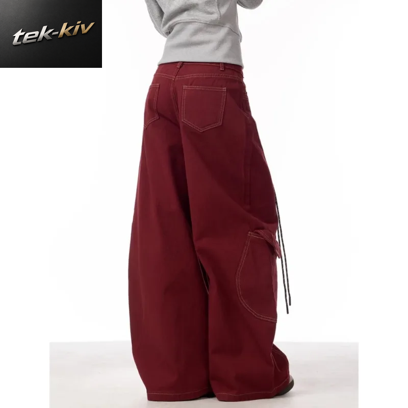 Cargo Rot Casual Jeans Damen Arbeitskleidung Hosen Lose Gerade Breite Bein Hosen Frühling Koreanischen Stil Faul Bequem Chic