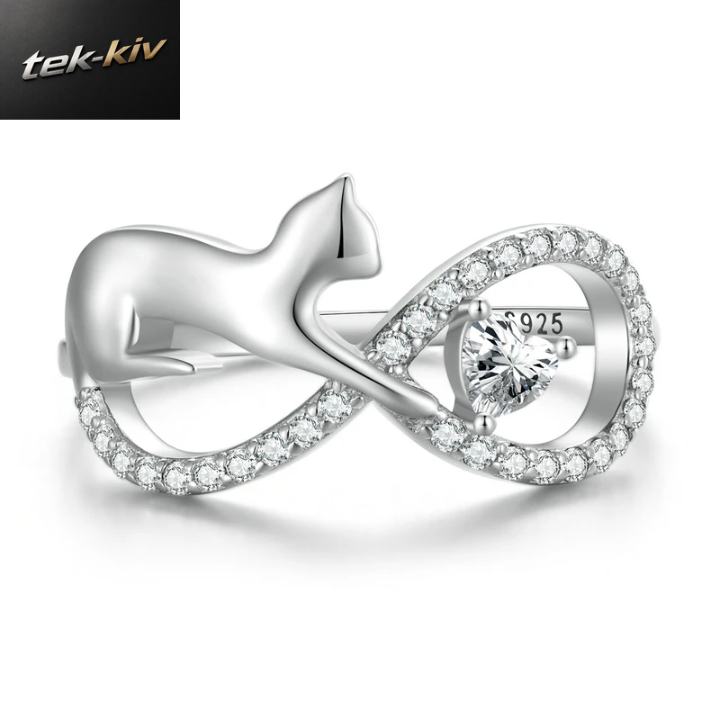 WOSTU Echt 925 Sterling Silber Katze & Unendliche Symbol Band Ringe Für Frauen Klar AAA Zirkon Tier Haustier Ring Geburtstag Schmuck Geschenk