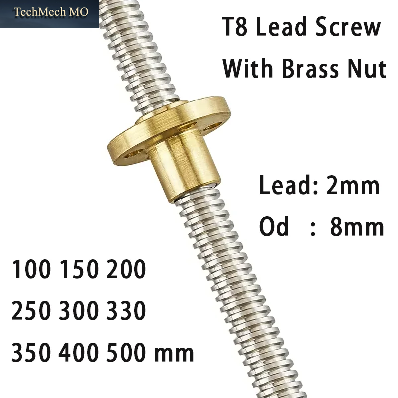 T8 Gewindespindel Mit Messingmutter, Außendurchmesser 8Mm, Steigung 2Mm, 100-500Mm, Polierte Gewindestange Für 3D-Drucker CNC Reprap Z-Achse Linear