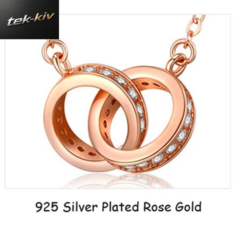 Neue Mode 925 Sterling Silber Doppel Runde Anhänger Halskette Rose Gold Strass Doppel Kreis Halskette Für Frauen Schmuck Geschenk