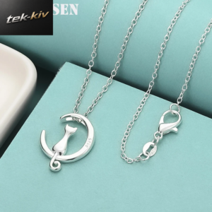 Halskette Aus 925Er Sterlingsilber Für Damen, Mond-Kätzchen-Katzen-Halsketten Und Anhänger, Gliederkette, Kolye S-N187