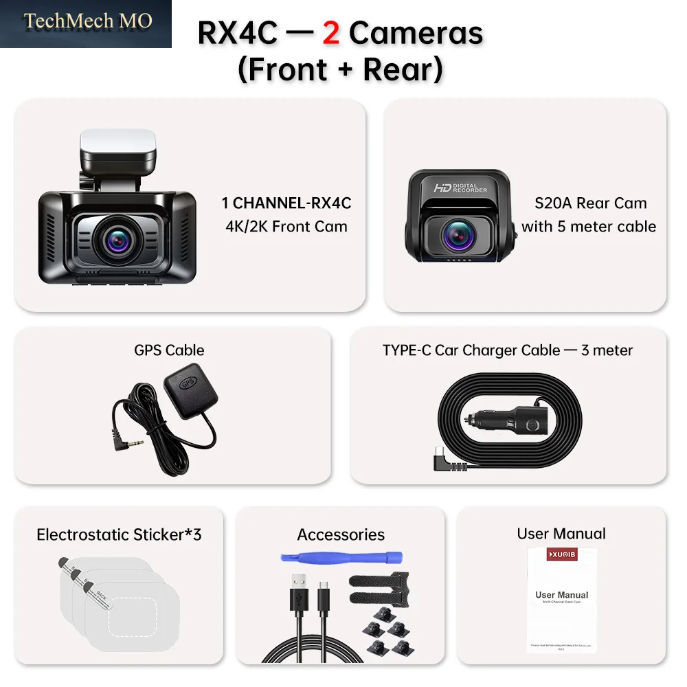 XUOIB RX4C 2K 4CH GPS Dashcam Für Auto IMX662 Externe Links- Und Rechtskamera 4'' Touchscreen Unterstützt 24H Parküberwachung
