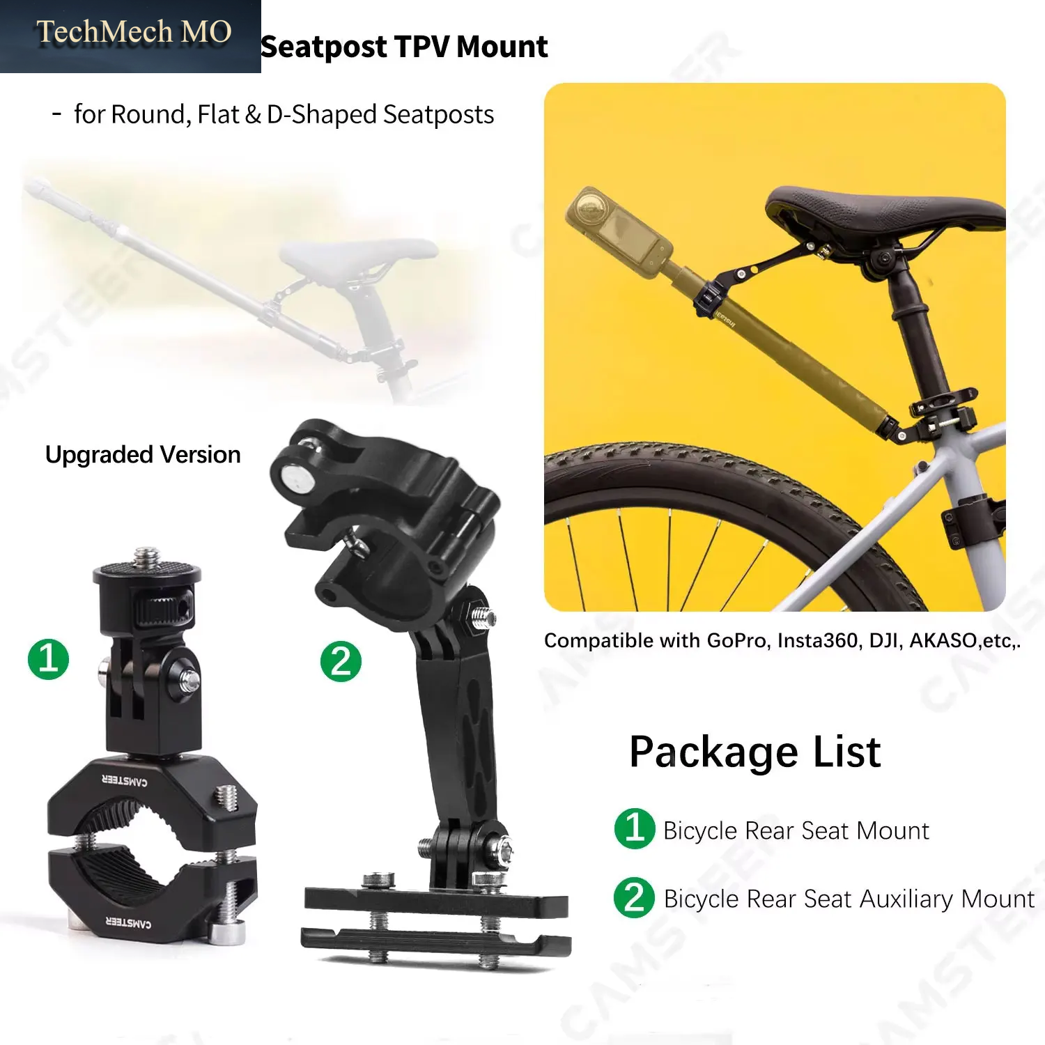 Camsteer Premium Fahrrad-Sitzhalterung Für Die Dritte-Personen-Ansicht, Kompatibel Mit Gopro Max2 Hero 13 12 Insta360 X6 X5 X4 Ace Pro2 DJI Osmo360 Kameras