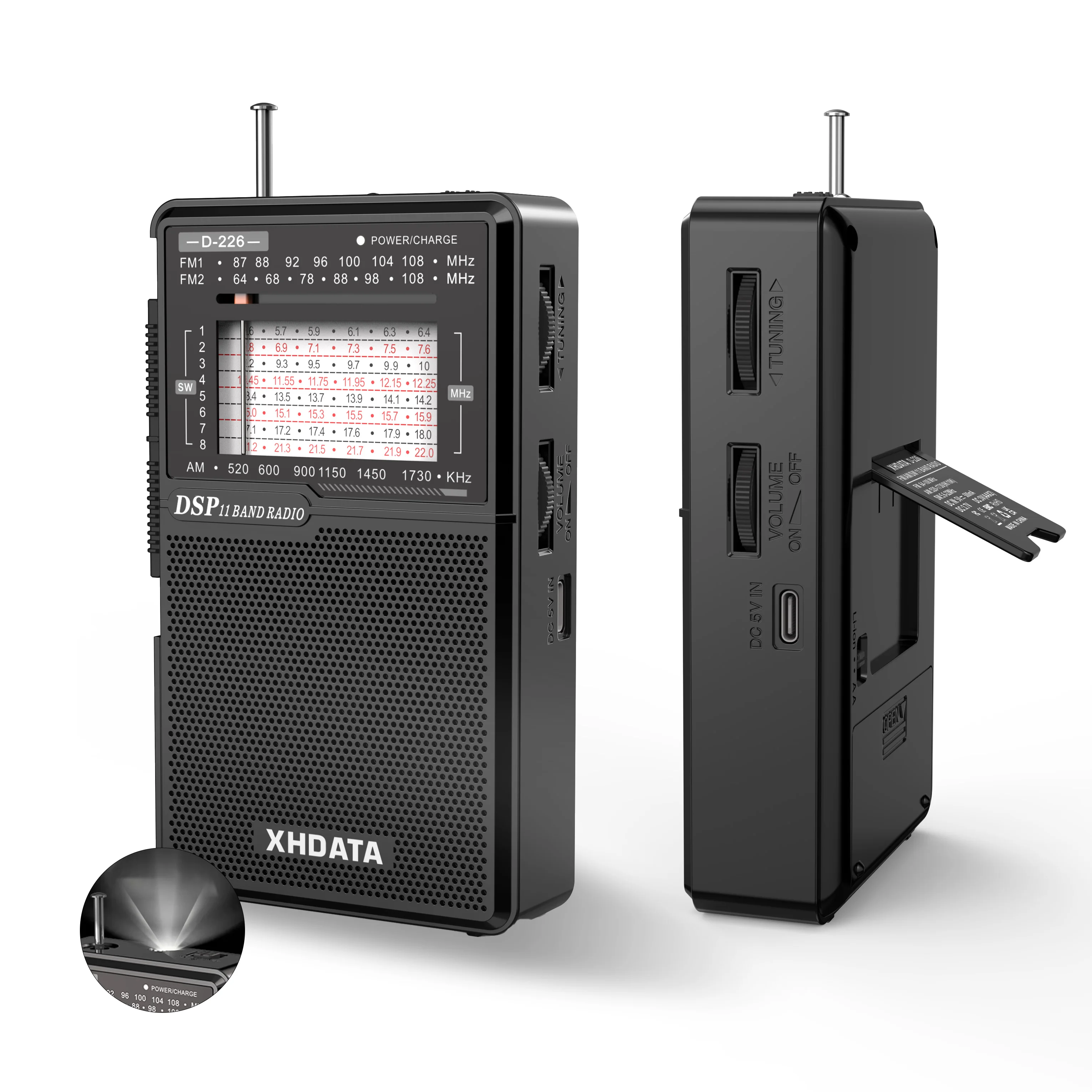 XHDATA D226 Tragbares Dsp-Radio AM FM SW Weltweiter Empfänger USB-C Wiederaufladbar Mit Eingebauter Taschenlampe Für Zuhause, Camping, Outdoor