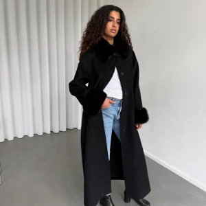 Damen-Wollmischmantel, Einfarbig, Mit Kunstfell-Patchwork, Revers, Langen Ärmeln, Einreihig, 2026, Schicke Damen-Streetwear.
