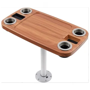 Brown Square Boat Table with Built-In Cup Holders Marine Pedestal and Lock Package-Durable Plastic Material