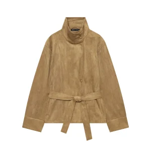 BSAY 2026 Damen American Vintage Kunstwildleder-Jacke Mit Stehkragen Und Gürtel, Langarm, Locker Geschnitten, Herbstliche Alltags-Oberbekleidung