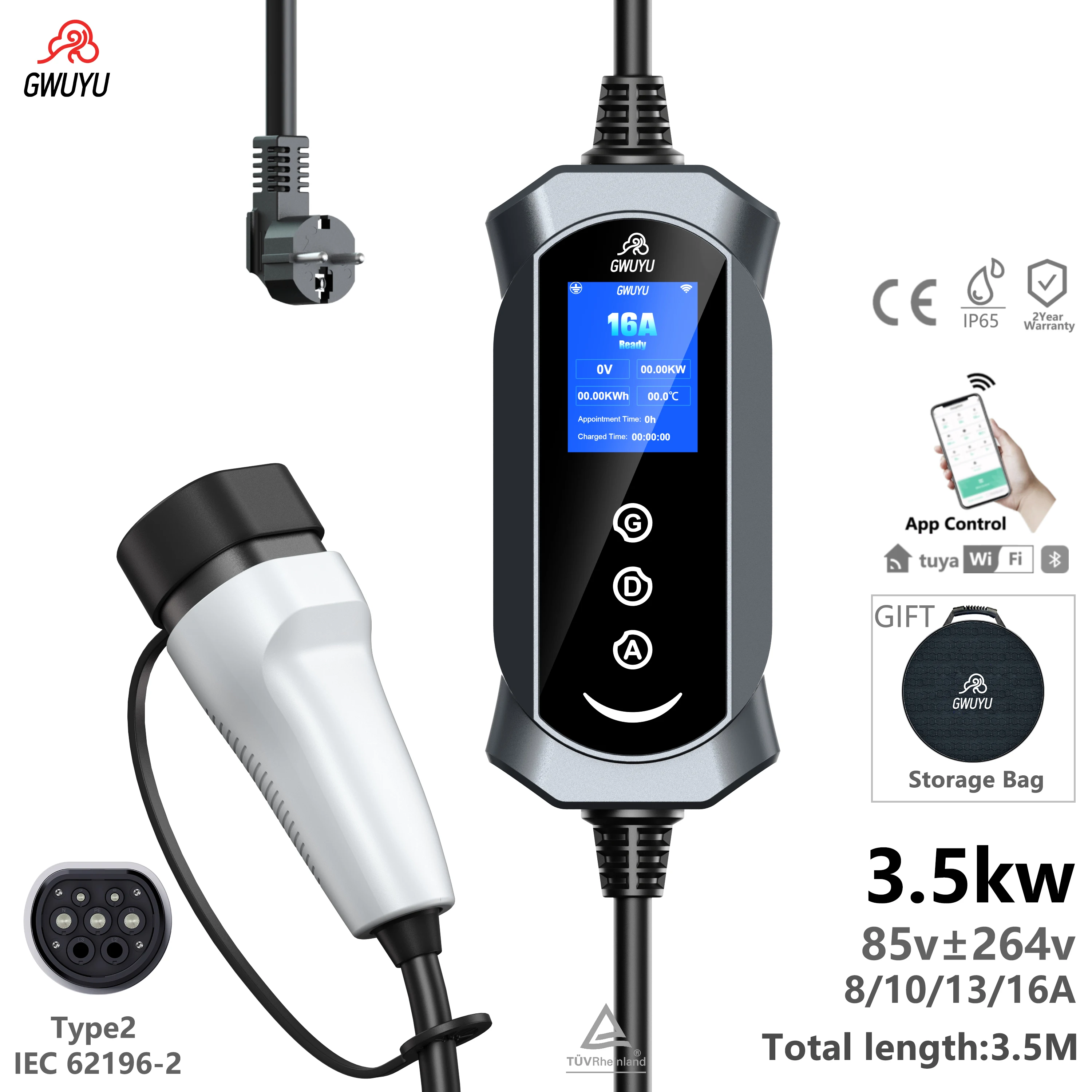 GWUYU Typ2 Elektroauto-Ladegerät 3,5KW/7KW Tragbare Ev-Ladestation Wallbox Mit Wlan-App Bluetooth-Steuerung Für 85-264V