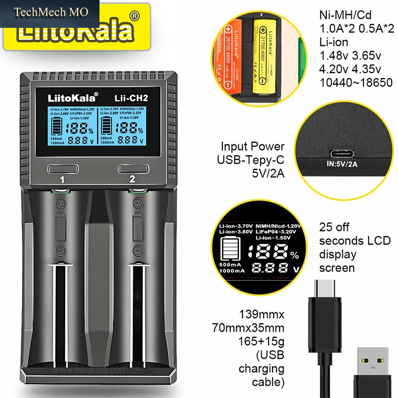 Liitokala Lii-Ch4 Smart Charger Für 18650/21700/26650/Aa/Aaa/Ni-Mh/Li-Ion, 1,2 V/1,5 V 4-Slot-Schnellladung, USB-C, Automatische Erkennung
