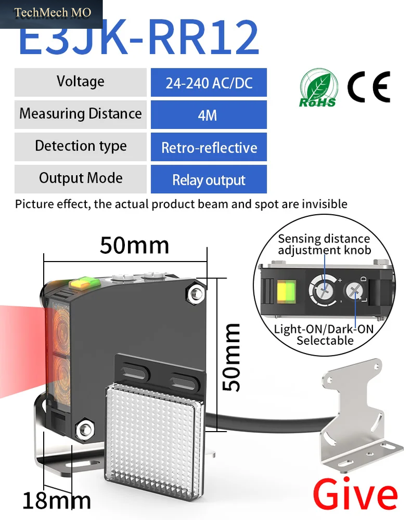 GTRIC Fotoelektrischer Sensor E3JK-RR12 Retroreflektierender 24-240 V DC/AC Universal-Relaisausgang Quadratischer Optischer Lichtschranke