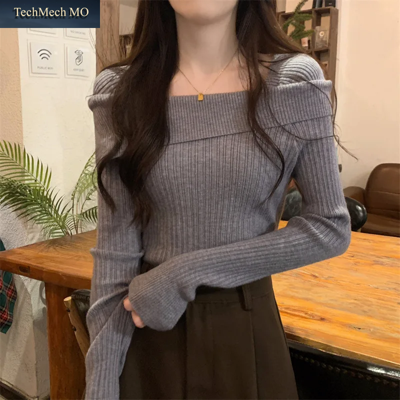 Solide Sexy Schlank off Schulter Slash Neck Langarm Stricken Pullover Frauen Jumper Büro Mode Neue