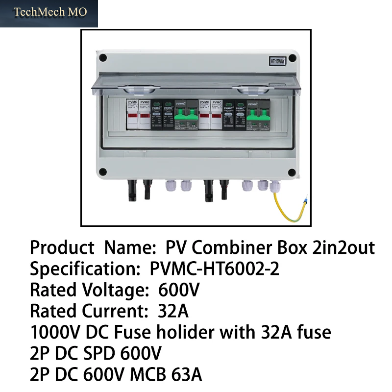 2-In-2-Out DC 600V Solar-Photovoltaik-Kombiniererbox Mit Blitzschutz, 32A Sicherung, MCB, SPD, Wasserdicht IP65, Verteilerkasten
