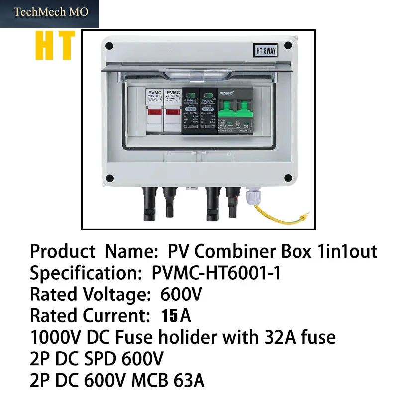 PVMC 1-In-1-Out DC 600V Solar-Photovoltaik-Kombiniererbox Mit Blitzschutz, 32A Sicherung, MCB, SPD, Wasserdicht IP65, Verteilerkasten
