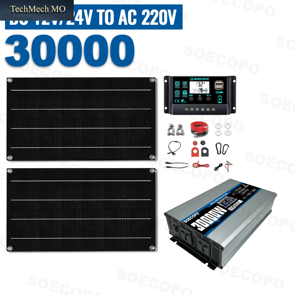 SOECOPO 30000 W Komplettes Solar-Kit – 2 X 800 W Photovoltaik-Panels, 12 V, 24 V Bis 110 V/220 V Wechselrichter Und 100 A-Controller Für Heimcamping