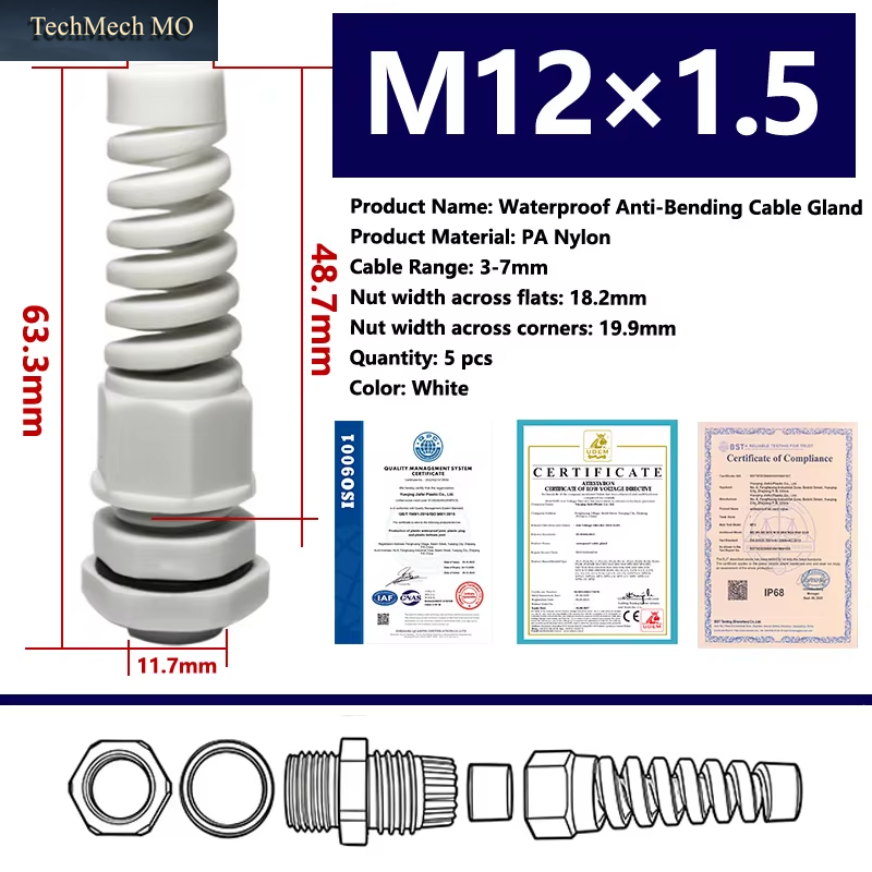 5PCS Waterproof Cable Gland PG7 Plastic Anti-Bending Joint M12 Nylon PA66 Torsion-Proof Glands PG9/11/13.5/16/19/21 Connector