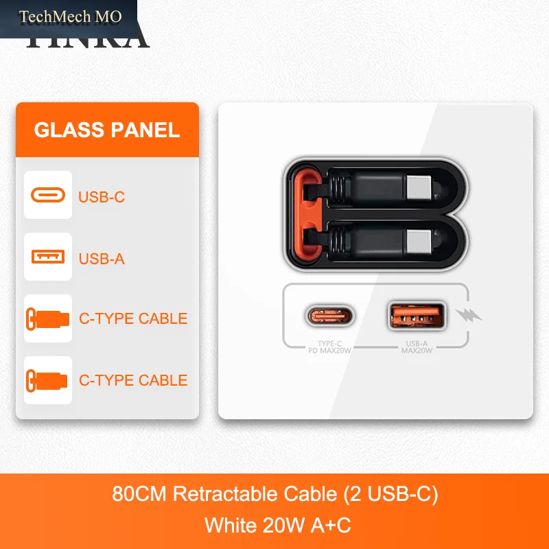 Universelle EU 20W Schnellladungs-Smart-Steckdose Mit Typ-C/Usb-A Anschlüssen Und Ladekabel, Wandsteckdose Aus Gehärtetem Glas Mit 20W Anschluss