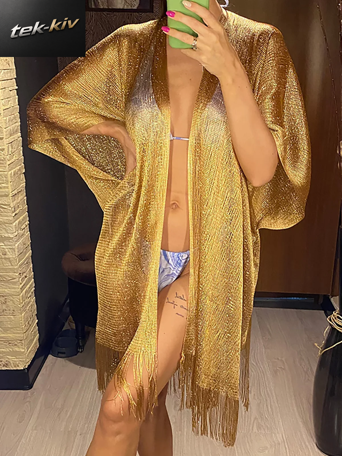 Sexy Fringe Quaste Mesh Sheer Shiny Gestrickte Tunika Strand Cover up Cover-Ups Strand Kleid Strand Tragen Bademode Weibliche Frauen K3321C