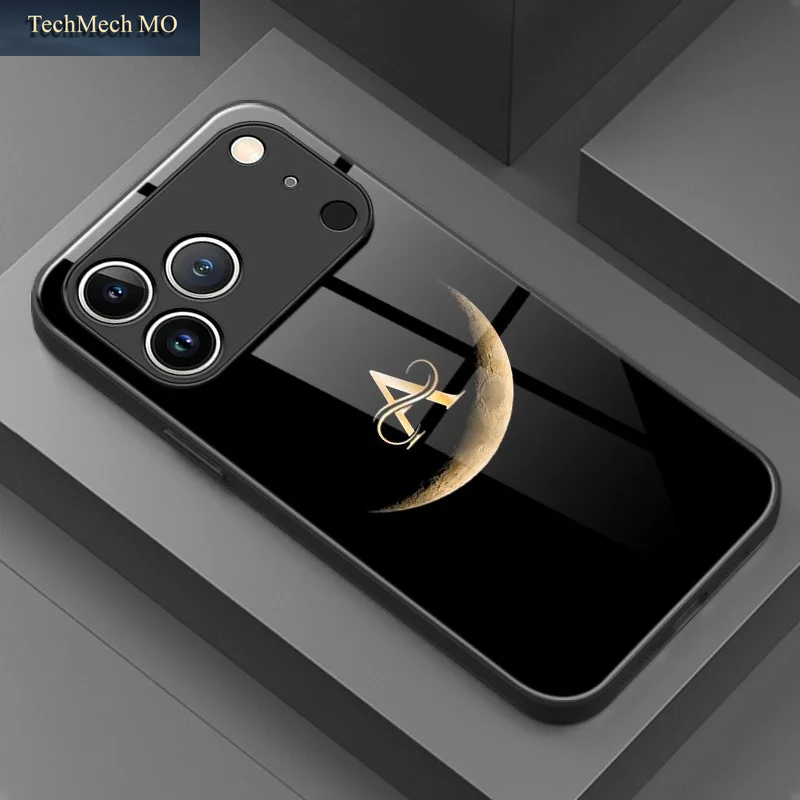 Trendy Moon Letter a Muster Gehärtetes Glas Schwarze Handyhülle Für Iphone 11 12 13 14 15 16 17 Pro Max 17 Air 7 8 plus XS X Cover