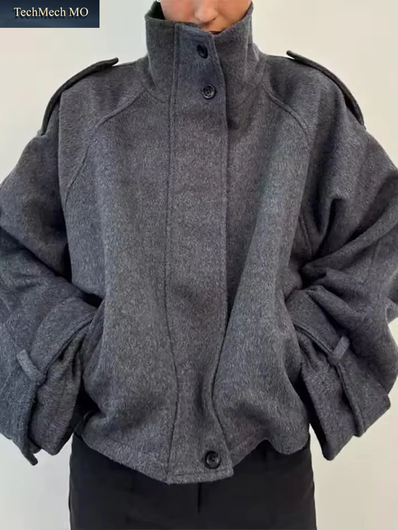 Vintage Lockerer Wollmantel Mit Stehkragen Für Damen, Lässig, Einfarbig, Volle Ärmel, Warmer, Verkürzter Mantel, Modische High-Street-Oberbekleidung