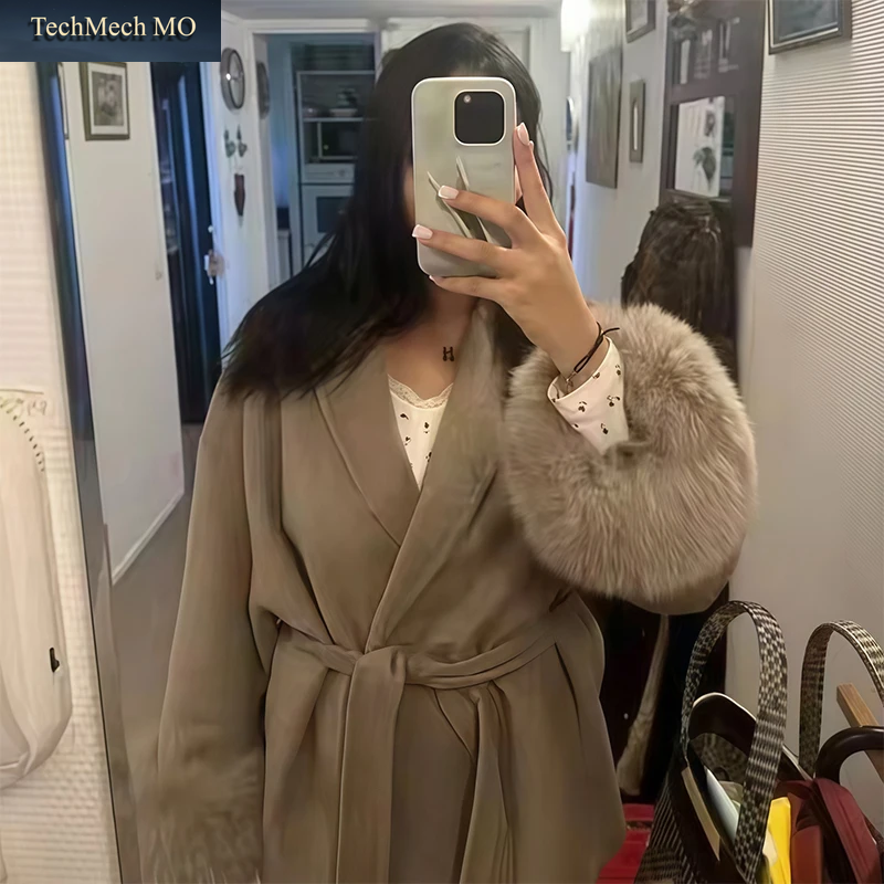 Elegante Frauen Lace up Woolen Mäntel Solide Volle Hülse Drehen-Unten Kragen Lose Dame Mäntel 2025, Herbst Winter Weibliche Streetwear
