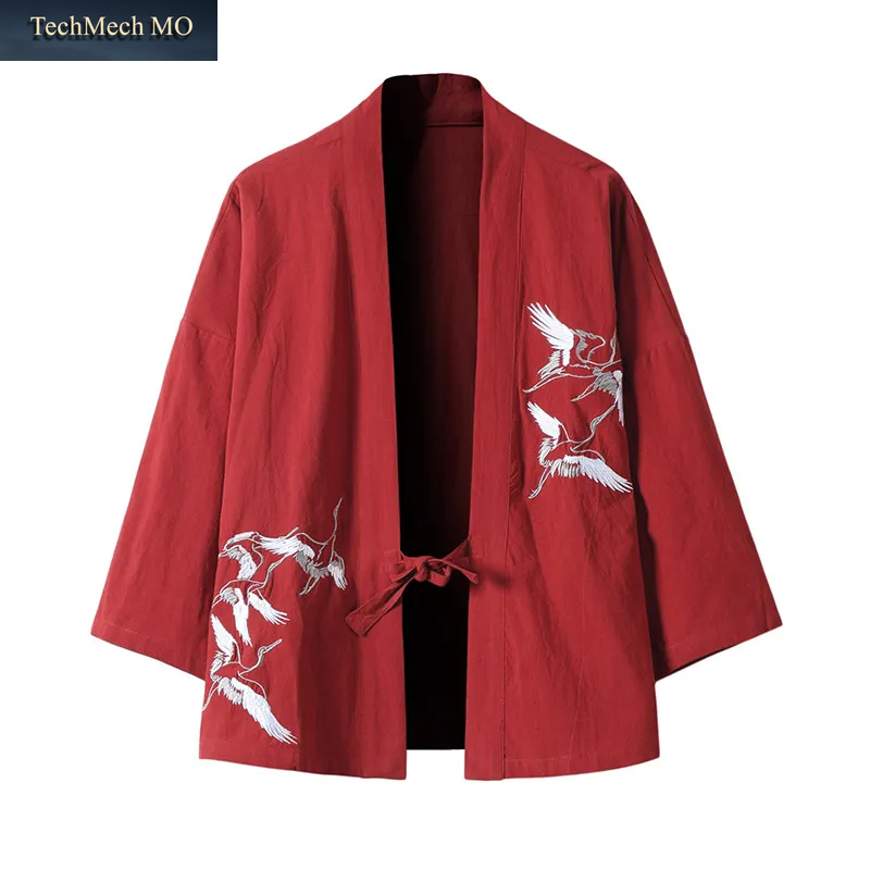 Herren-Kimono-Jacke Im Chinesischen Stil, 3/4-Ärmel, Locker Geschnitten, Vorne Offen, Aus Baumwolle, Mit Kranchen-Stickerei, Oversize-Schnitt, Ideal Für Den Sommer Und Den Täglichen Gebrauch.