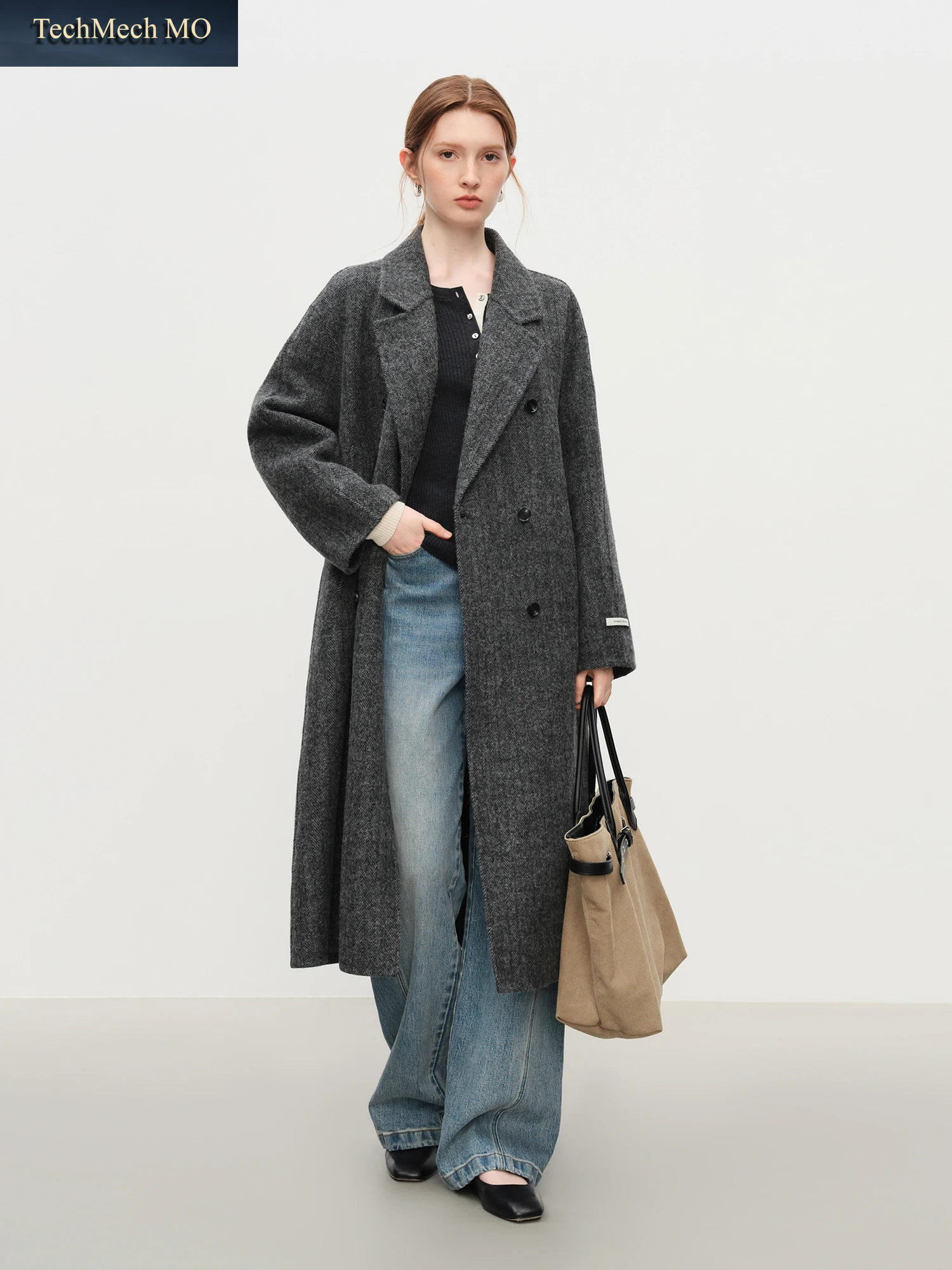 FSLE Diamond Tailored Alpaka Camel Wollmischung Doppelseitiger Tweed-Mantel Für Damen Winter 2025, Oberbekleidungsmischungen