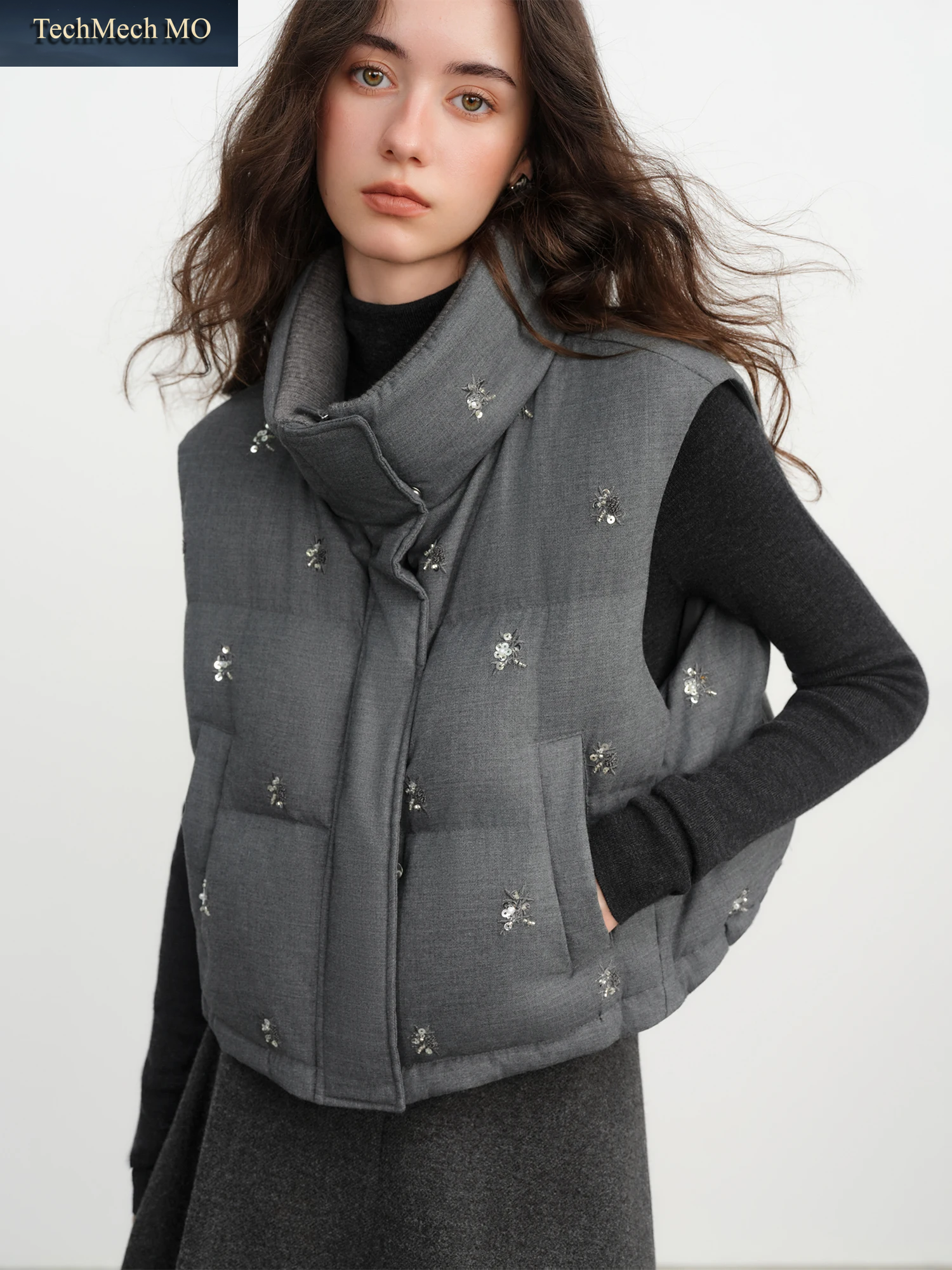 Fsle【Premium Series】Perlen Kurze Puffer-Daunenweste Für Damen, Herbst Und Winter, Gesteppte Daunenjacke, Daunenweste, Mantel, Outdoor-Streetwear