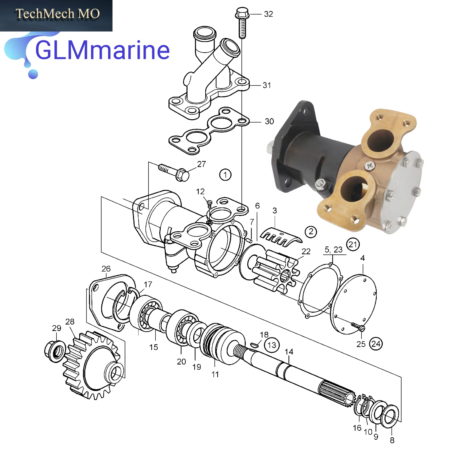 Sea Water Pump 3838288 with Impeller Kit 21951394 for Volvo Penta D5A-T D5A-TA D7A-TA D7C-B MD2010 B Marine Engines 875759