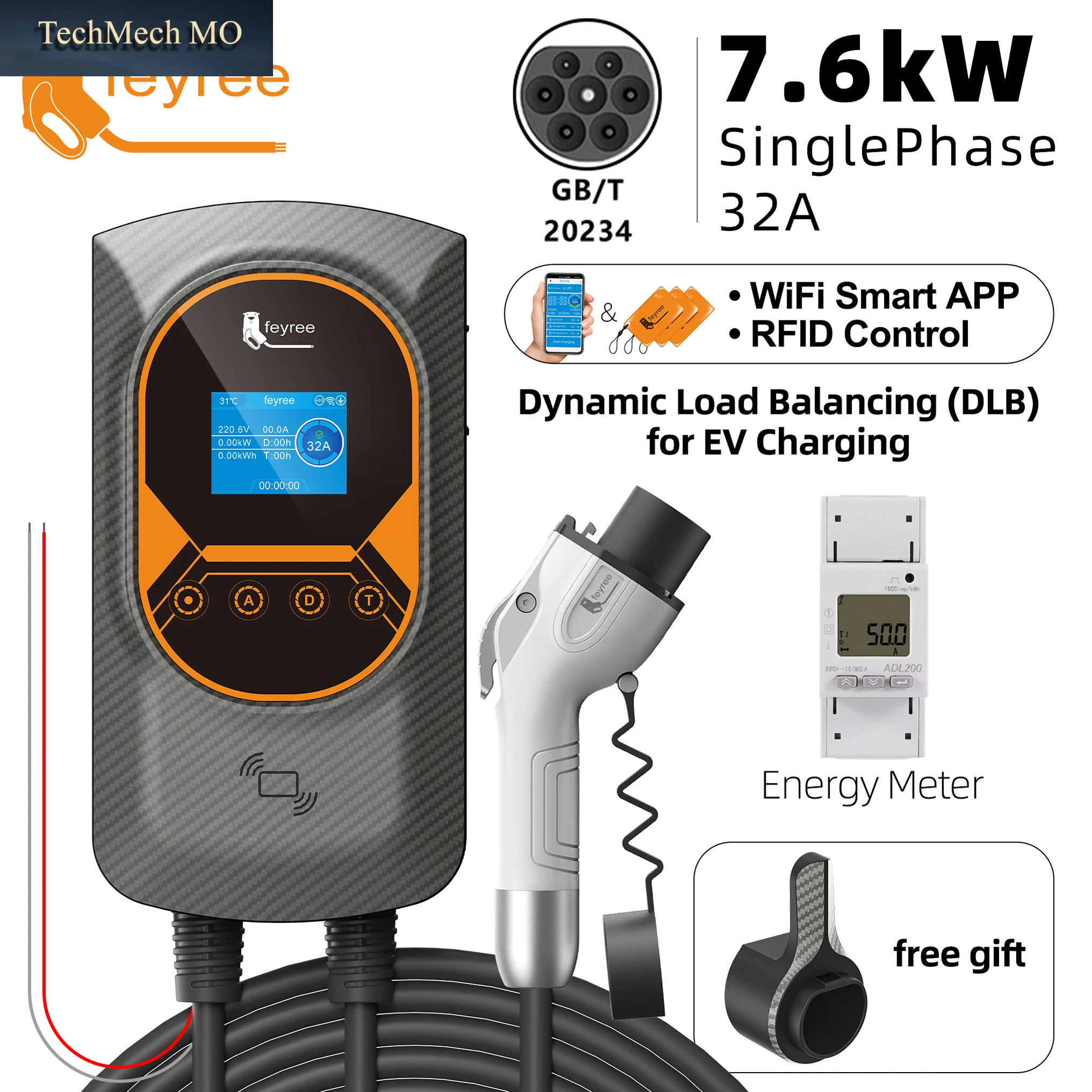 Feyree GBT 22Kw 32A Dreiphasige EV Wallbox Smart Dynamische Lastausgleichsstation Mit Rfid-Karte Und App-Steuerung Für Den Außenbereich