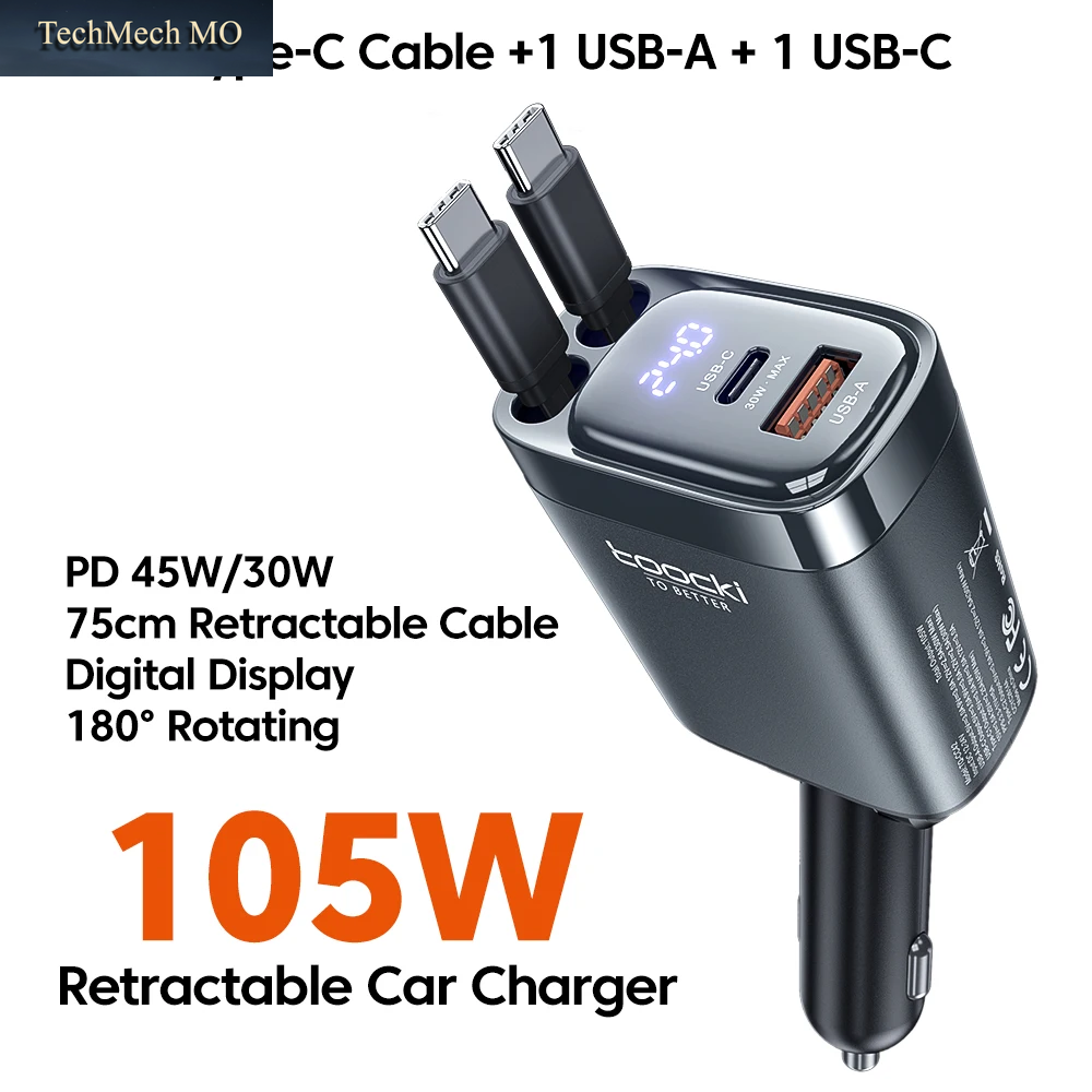 Toocki 105 W Autoladegerät USB C Einziehbares Kabel 0,75 M PD 45 W QC 3.0 SCP SFC2.0 PPS Schnellladung Für Iphone 17 16 Samsung Tablet